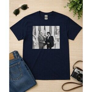 Gildan Navy Historic Handshake Photo Graphic T-Shirt Size L Elvis Presley Nixon